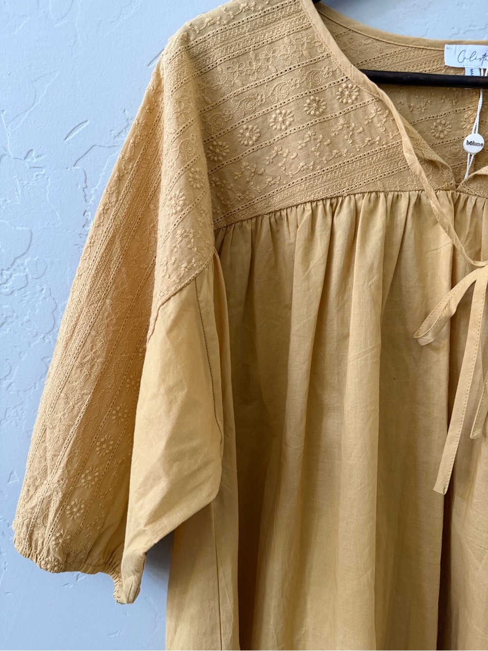 Bohme Womens Mustard Embroidered Peasant Top Size L Cotton Babydoll Boho NWT - Picture 4 of 9